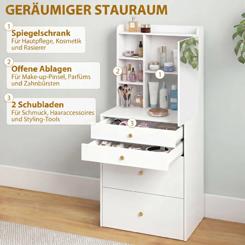 HOMCOM Schminktisch mit Spiegel und gepolstertem Hocker, kompakter Frisiertisch mit Schrank, Schubladen und offenen Ablagen, Weiß
