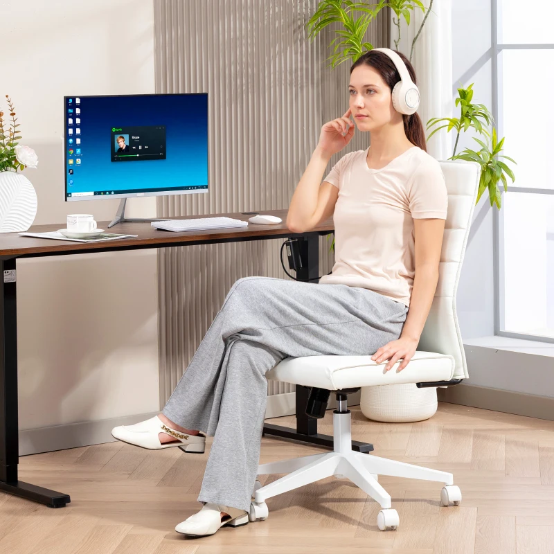 HOMCOM Scaun de Birou Ergonomic și Reglabil cu Spătar Curbat, din Piele PU și Oțel, 58x53x97-107 cm, Alb