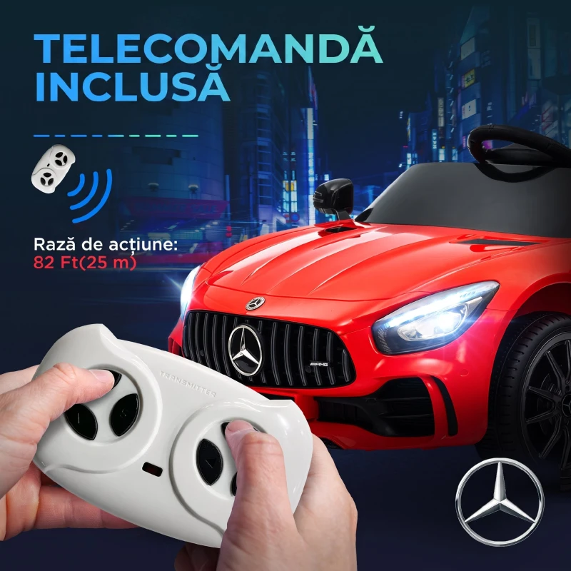 AIYAPLAY Mașină electrică pentru copii Mercedes-AMG GTR, 2 motoare, telecomandă, 3-5 km/h, roșu, 3-6 ani