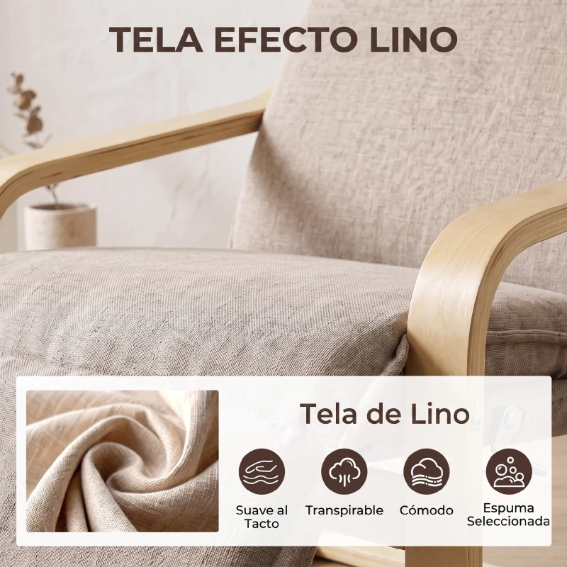 HOMCOM Butaca de Salón Tapizada en Lino con Reposapiés con Balanceo Suave Respaldo Alto Asiento Amplio Marrón Claro