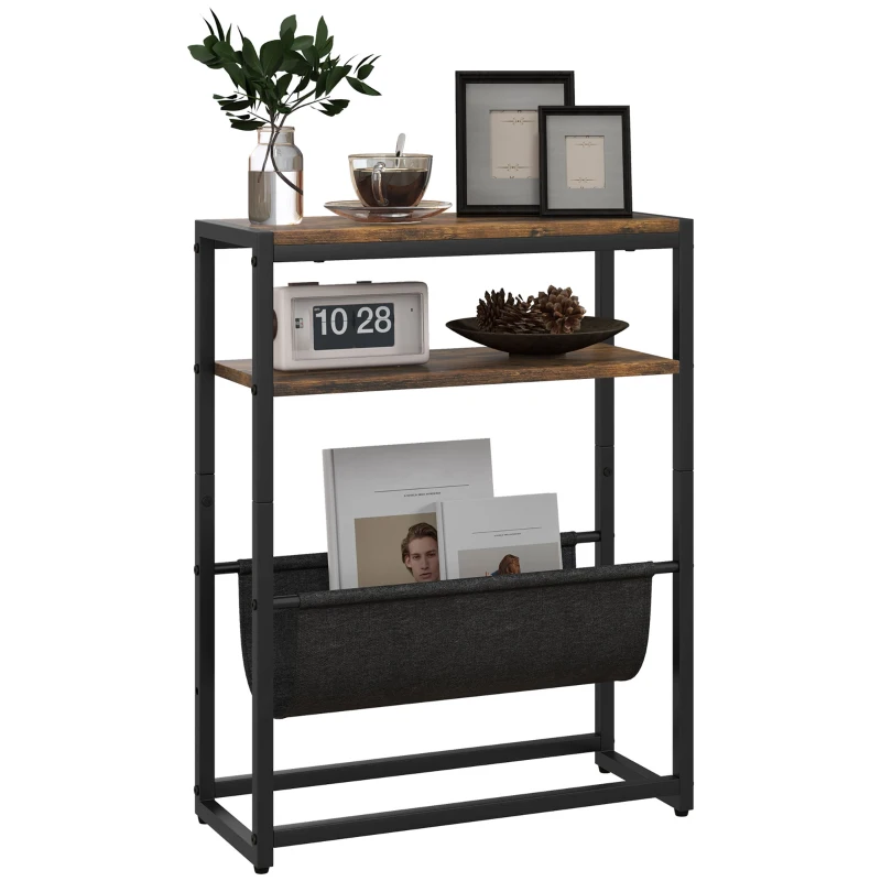 HOMCOM Măsuță De Living Îngustă cu 2 Rafturi, Suport Reviste V, PAL Oțel, 43x18x56 cm, Maro Rustic