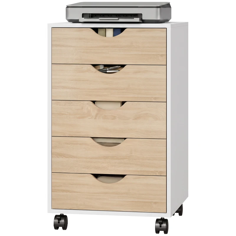 HOMCOM Büroschubladenkommode auf Rollen mit 5 Schubladen, mobiler Aktenschrank für Arbeitszimmer Wohnzimmer 40x40x67 cm Weiß und Natur