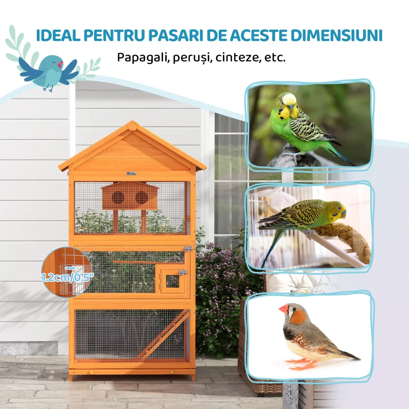PawHut Volieră pentru Păsări cu 3 Uși, Căsuță, Scară și Tavă, din Lemn și Metal, 92x52x171 cm, Portocaliu și Verde