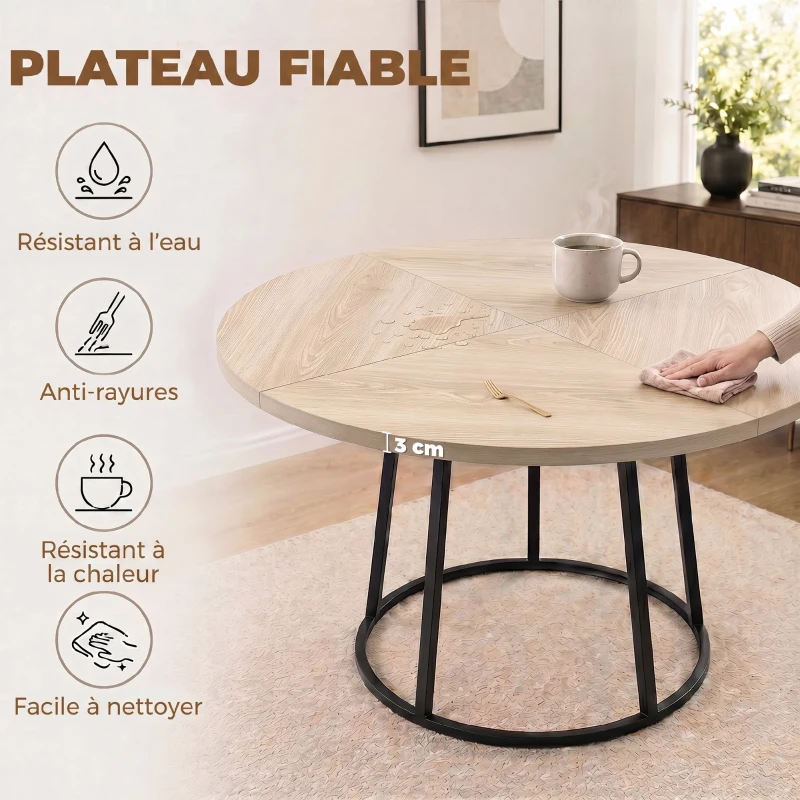 HOMCOM Table à Manger Ronde pour 4 à 6 Personnes, Ø 120 x 75 cm, Table de Cuisine avec Piétement Conique en Métal, Bois Naturel