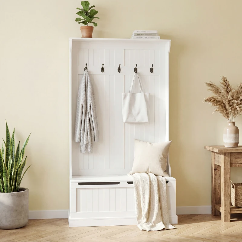 HOMCOM Cuier de Podea cu Bancă pentru Pantofi și 5 Cârlige, MDF, 96L x 34I x 179,7Î cm, Crem