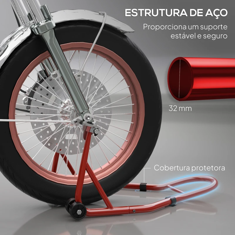 HOMCOM Suporte de Moto Dianteiro Universal de Aço para Roda de 10" 17" 18" Carga 200 kg com Garfos em U e L Ajustáveis 70x47x34,5 cm Vermelho