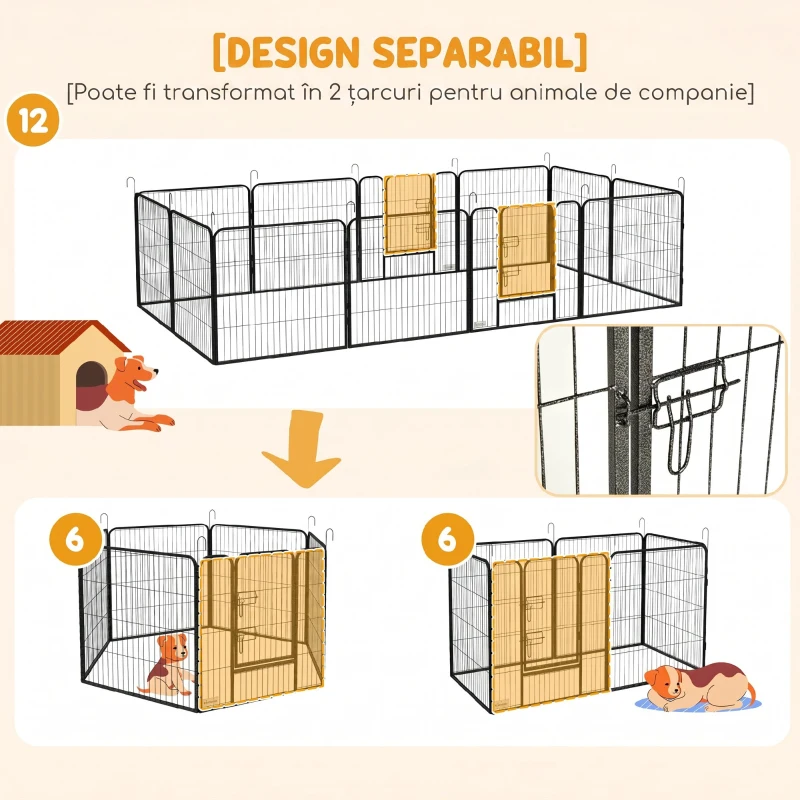 PawHut Țarc pentru câini, 12 panouri modulabile 80x1.5x80 cm, pliabil cu ușă din oțel, 12 țăruși, gri