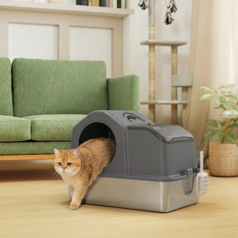 PawHut Maison de Toilette pour Chat avec Couvercle Amovible et Fermé, Côtés Hauts, 60,5x40,5x45cm, Gris Foncé
