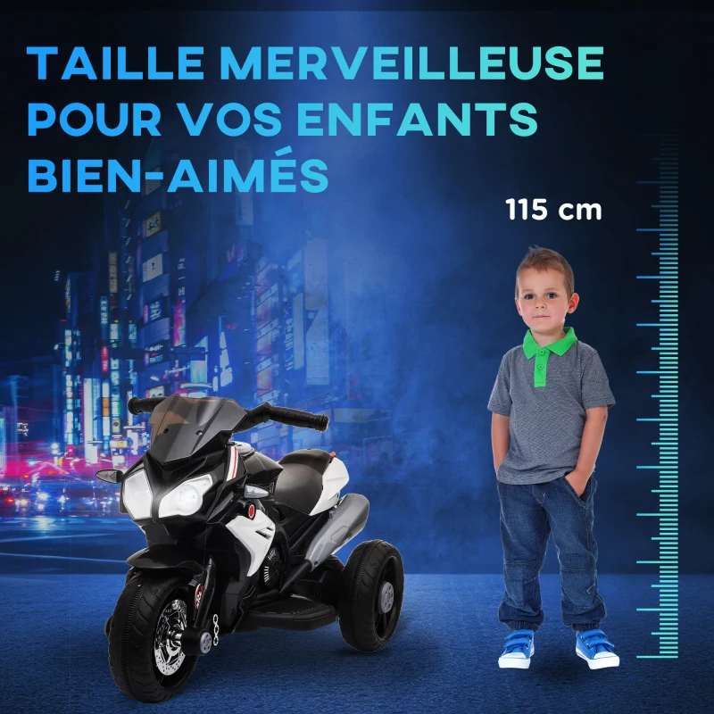 HOMCOM Moto électrique enfants 3 roues 6 V, voiture électrique enfants avec effets lumineux et sonores, vitesse 3 km/h, pour 3 à 5 ans, charge 25 kg, noir et blanc(m-7)