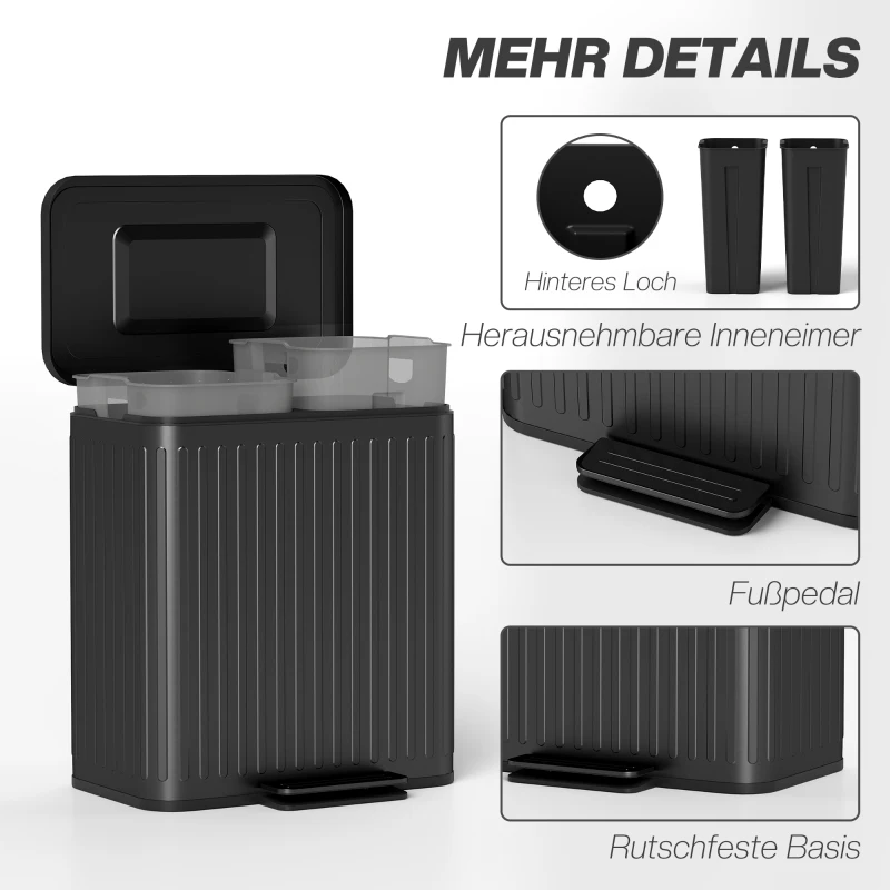 HOMCOM Küchenmülleimer, 2 x 20 L-Fächer, effiziente Mülltrennung, Fußpedal, Kunststoff, Metall, Schwarz