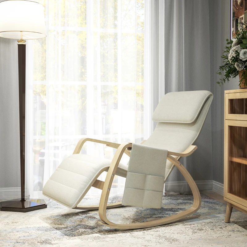 HOMCOM Silla Mecedora con Reposapiés Ajustable en 5 Posiciones Bolsillo Lateral Reposabrazos de Madera Reposacabezas Crema