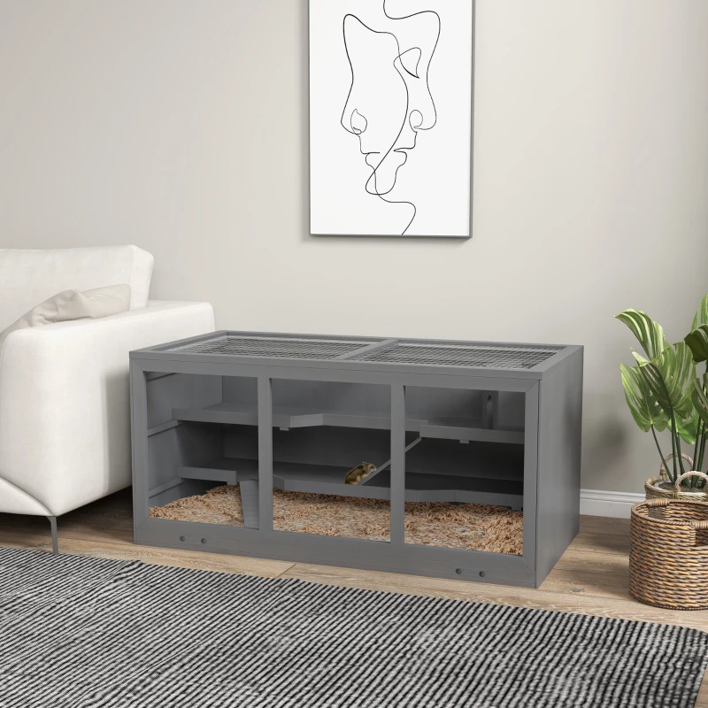 PawHut Wooden Hamster Cage, Small Animals Hutch with Tray, Openable Top, Exercise Play House Pen, 115L x 57W x 55Hcm, Grey