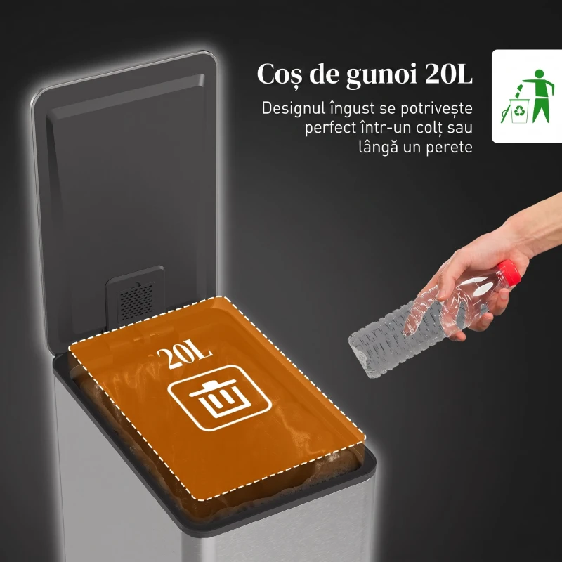HOMCOM Coș Gunoi 20L cu Pedală și Închidere Amortizată, Anti-Amprente, 37,2x21,5x57 cm, Argintiu