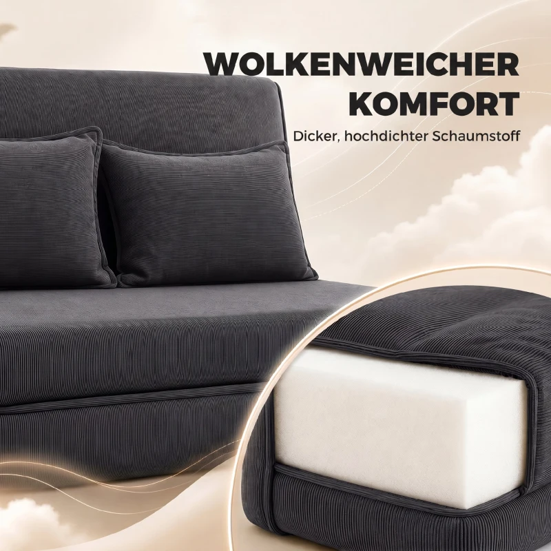 HOMCOM Bodenstuhl mit Rückenlehne, Cord-Klappsofa als Gästebett, Verstellbare Rückenlehne, Breiter Sitz, Dunkelgrau