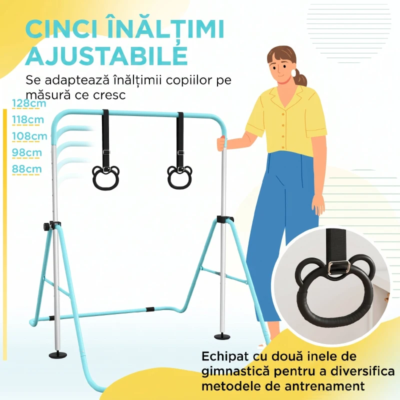 HOMCOM Bară Gimnastică Artistică pentru Copii Reglabilă pe Înălțime cu 2 Inele, din Oțel, Verde Deschis