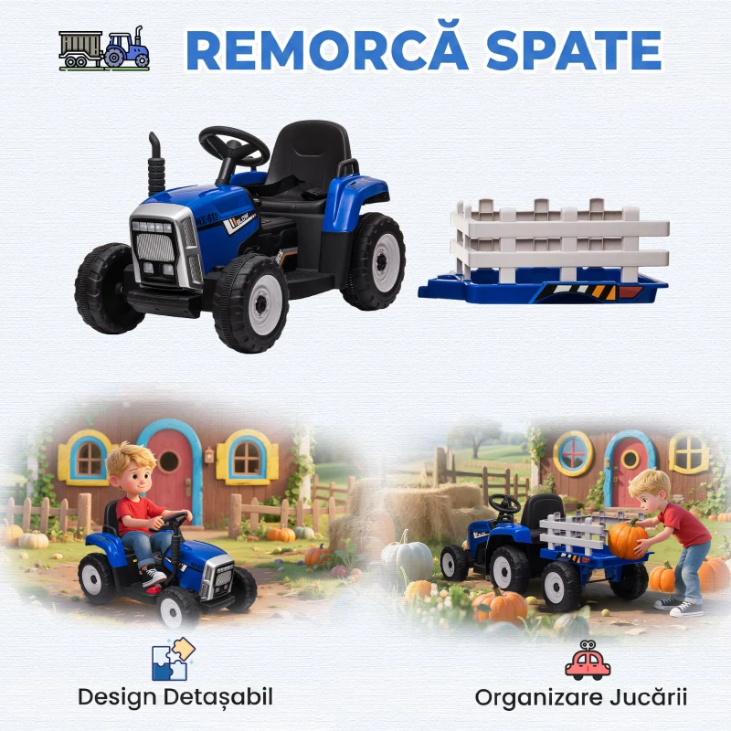 HOMCOM Tractor Electric pentru Copii cu Remorcă Detașabilă, Telecomandă, Port USB, Muzică și Lumini, 3-6 Ani, Albastru