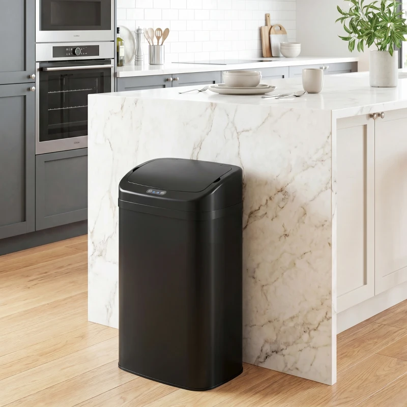 HOMCOM 48 L Sensor-Mülleimer für Küche oder Büro, automatische Schließ-Funktion, Edelstahl, Schwarz