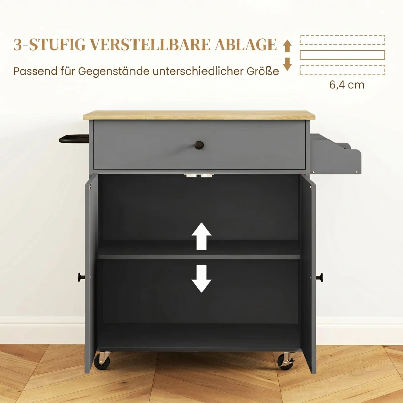 HOMCOM Küchenwagen mit Schublade, Schrankfach, Handtuchstange, 106 x 42 x 87 cm, Grau/Eiche