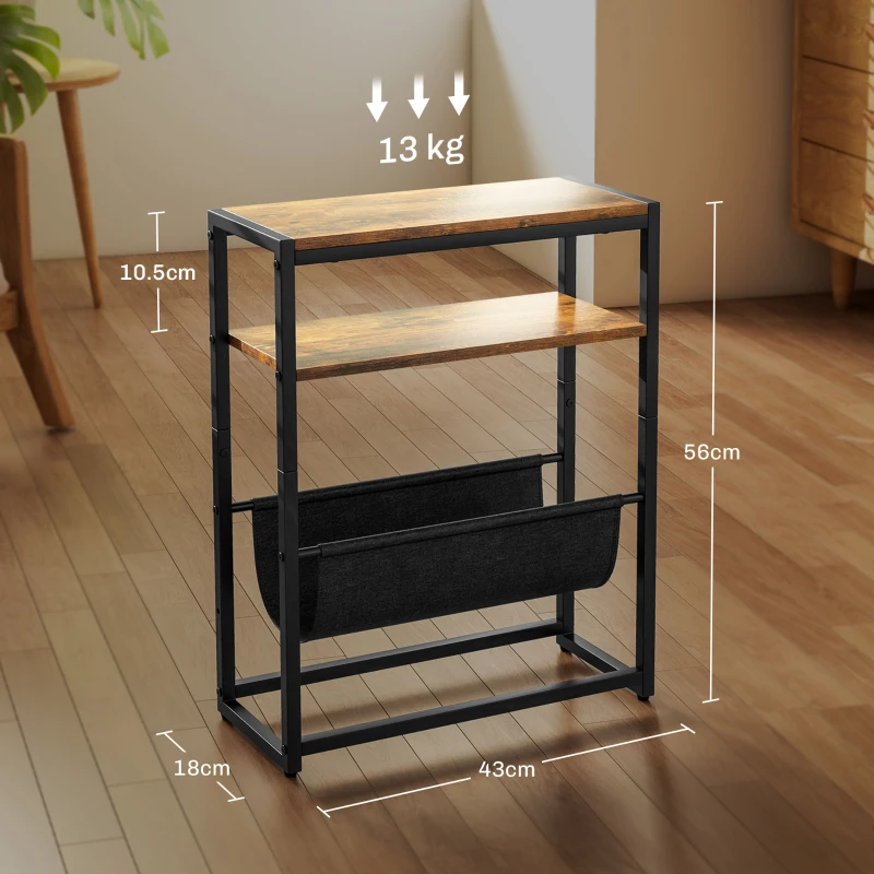 HOMCOM Măsuță De Living Îngustă cu 2 Rafturi, Suport Reviste V, PAL Oțel, 43x18x56 cm, Maro Rustic