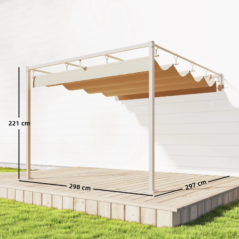 Outsunny Pérgola de Pared de Jardín 3x3 m con Techo Retráctil Protección UPF30+ Drenaje Cenador de Jardín para Exterior Beige