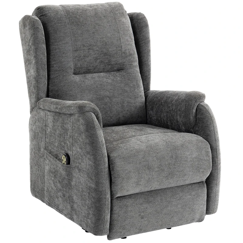 HOMCOM Fernsehsessel Relaxsessel mit Aufstehhilfe für Senioren, Chenille-Optik, mit Fernbedienung und Seitentaschen, Dunkelgrau