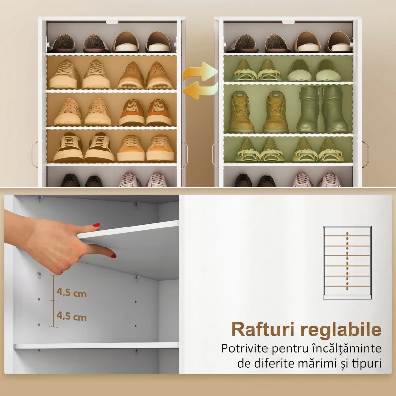 HOMCOM Dulap pentru pantofi cu 6 rafturi reglabile din lemn, alb, 55x35x108 cm