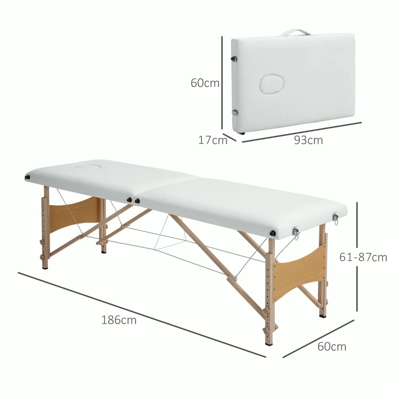 HOMCOM Mobile Massageliege 2 Zonen Klappbar Höhenverstellbar Massagetisch 60 cm Breit mit Tragetasche Holzfüßen Cremeweiß
