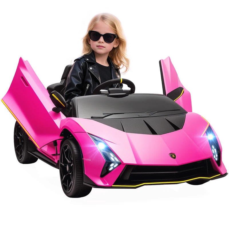 AIYAPLAY Mașină Electrică pentru Copii 3-6 Ani 12V Lamborghini Autentica, 2 Motoare, Uși Tip Foarfecă, Suspensii, Roz