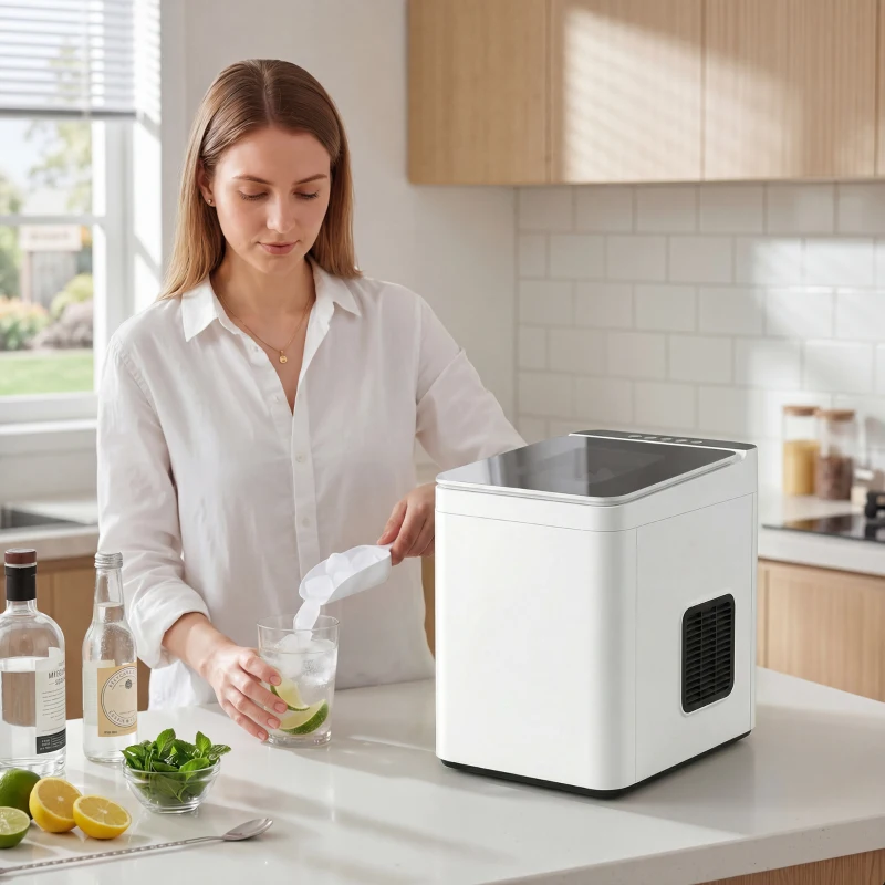 HOMCOM Tisch-Eismaschine Selbstreinigend Kompakter Eisbereiter mit Schaufel und Korb Weiß