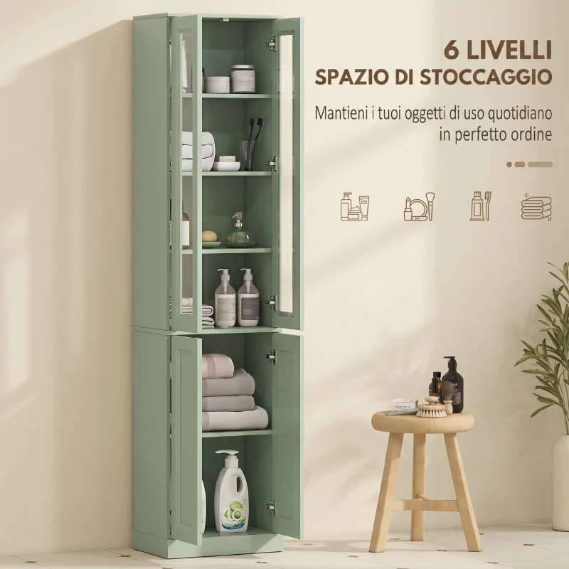 HOMCOM Mobile Bagno Alto a 6 Ripiani con Ripiano Regolabile, Verde Salvia