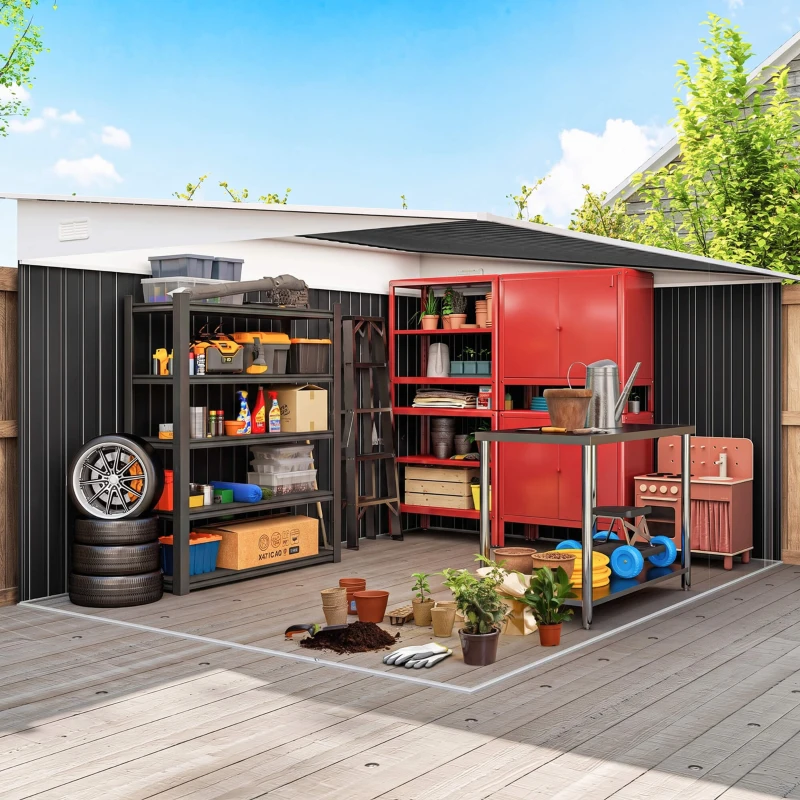 Outsunny Casetta da Giardino con Porta Scorrevole, in Acciaio, 345x280.5x169-201 cm, Nero