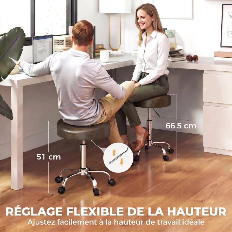 HOMCOM Tabouret à roulettes, tabouret de salon avec hauteur réglable 51-66 cm et assise rembourrée, pivotant 360°, marron