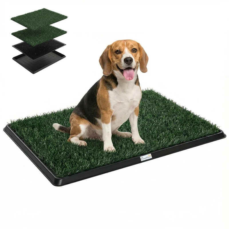 PawHut Hundetoilette 76 x 50,5 cm Hundeklo mit 2 Kunstrasen waschbar Welpentoilette für Hunde für Balkon Zuhause Schwarz+Grün