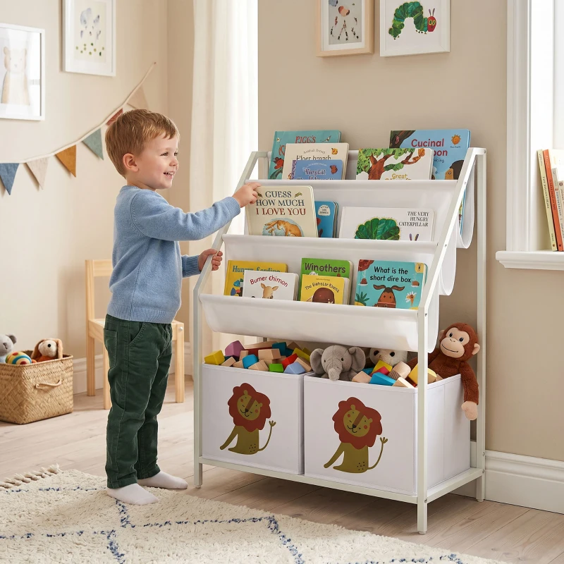 AIYAPLAY Bibliotecă Montessori pentru Copii 3-8 Ani cu 4 Rafturi și 2 Cutii cu Imprimeu Leu, Alb
