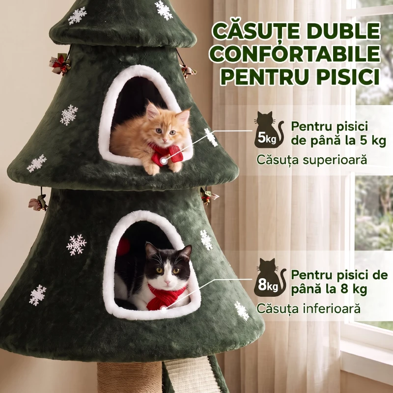 PAWHUT Ansamblu de Zgâriat pentru Pisici, Brad de Crăciun, 2 Culcușuri, Scară din Sisal, Stâlpi din Iută și Mingi, Verde