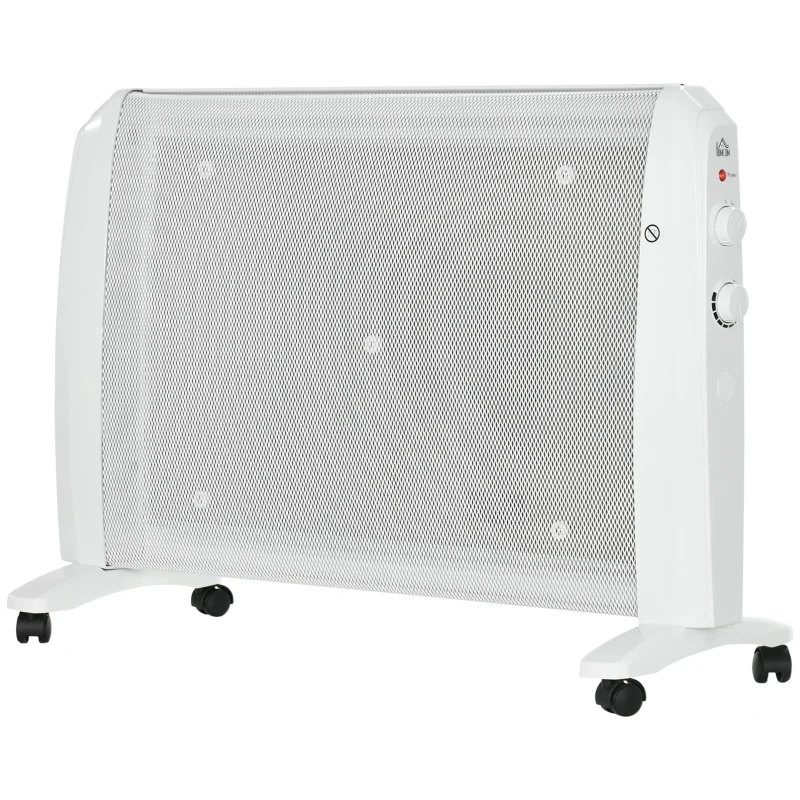 HOMCOM Radiator Electric Mică 1000W/2000W cu Termostat Reglabil, 15-20 m², 4 Roți, 79x27x54 cm, Alb