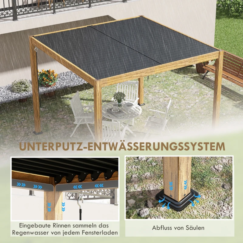 Outsunny Tuinpaviljoen met lamellendak, handkruk, aluminium/hout, 3x3m, zwart/natuur