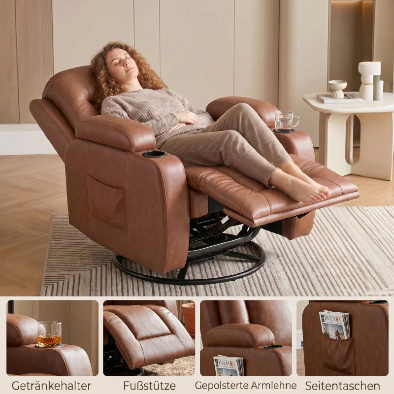 HOMCOM Massagesessel mit Wärmefunktion, drehbarer Schaukelsessel mit Fußstütze, Hellbraun