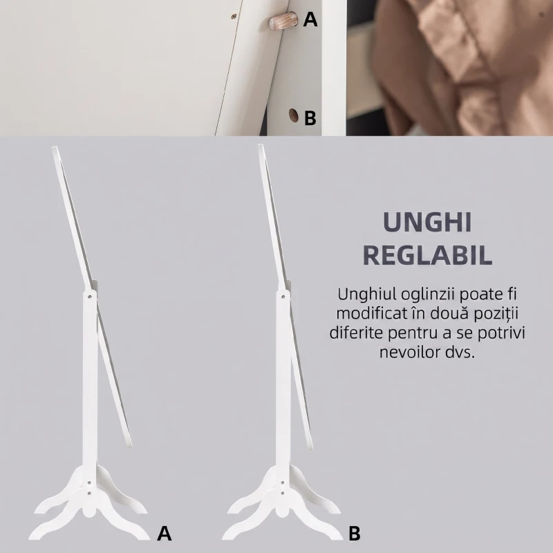 HOMCOM Oglinda Reglabila cu Suport, 47.5x45.5x154.5cm, Alba