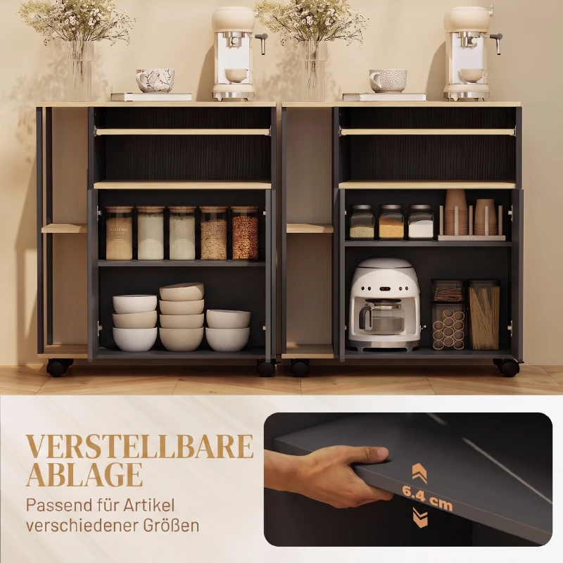 HOMCOM Rollender Küchenwagen mit Stauraum, Schrank, verstellbare Regale, für Küche, Wohnzimmer, Esszimmer, Schwarz