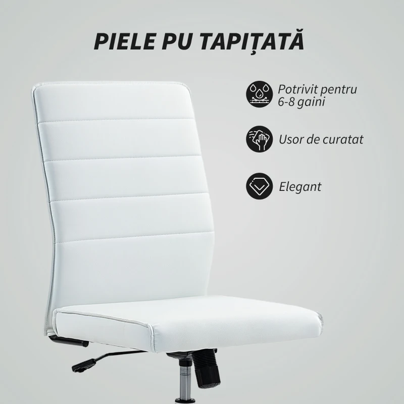 HOMCOM Scaun de Birou Ergonomic și Reglabil cu Spătar Curbat, din Piele PU și Oțel, 58x53x97-107 cm, Alb