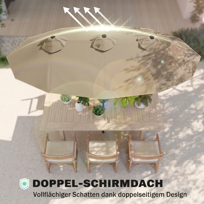 Outsunny parasol, tuinparasol, kantelbaar, met handslinger, windkap, polyester+staal, kaki, 285 x 147 cm