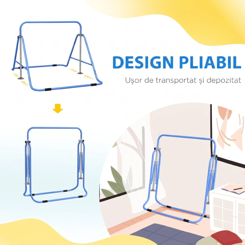 HOMCOM Bară Gimnastică Artistică pentru Copii 3+ Ani cu Înălțime Reglabilă în 5 poziții din Oțel, Albastru