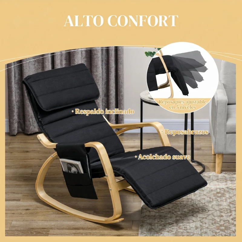 HOMCOM Silla Mecedora con Reposapiés Ajustable en 5 Posiciones Bolsillo Lateral Reposabrazos de Madera Reposacabezas Negro
