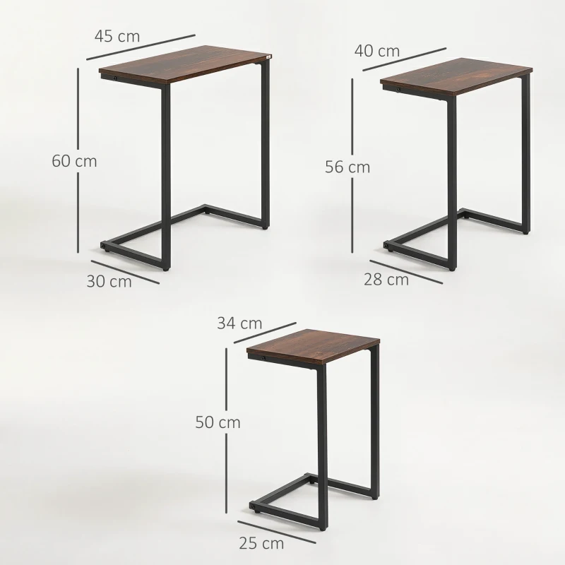 HOMCOM Satztisch, Beistelltisch, 3er-Set, Industrial Design, Stahlrahmen, braun+schwarz, 45 x 30 x 60cm