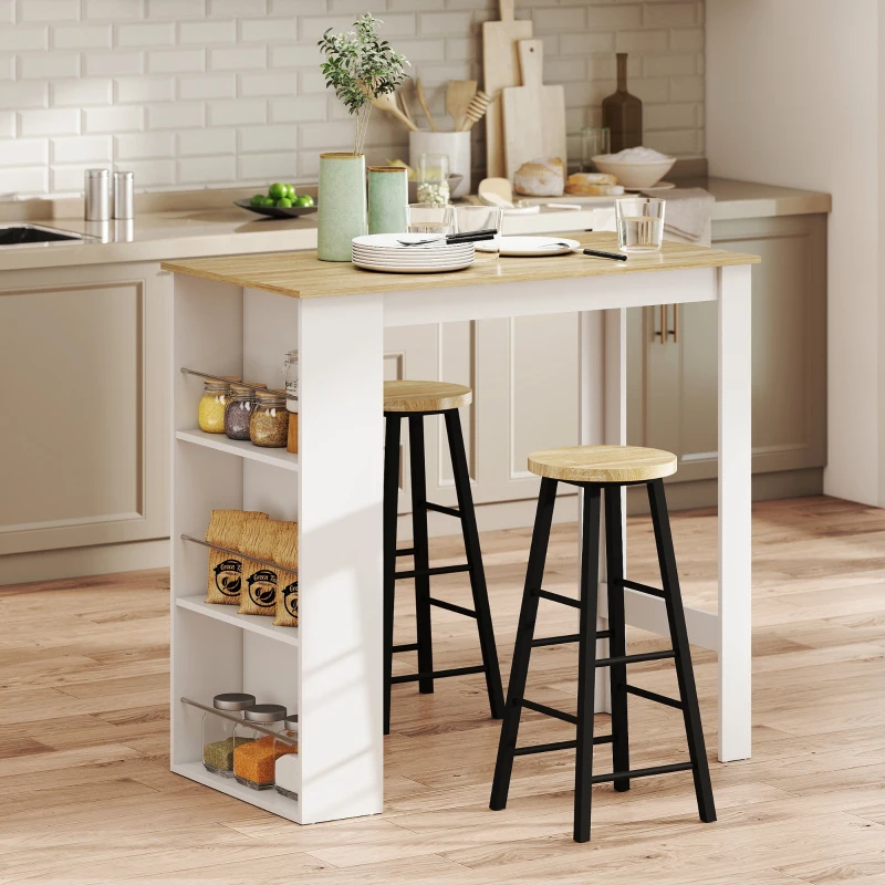 HOMCOM Tavolo da Bar con 3 Mensole e Barre Protettive, in Acciaio e Truciolato, 112x57x106 cm, Bianco