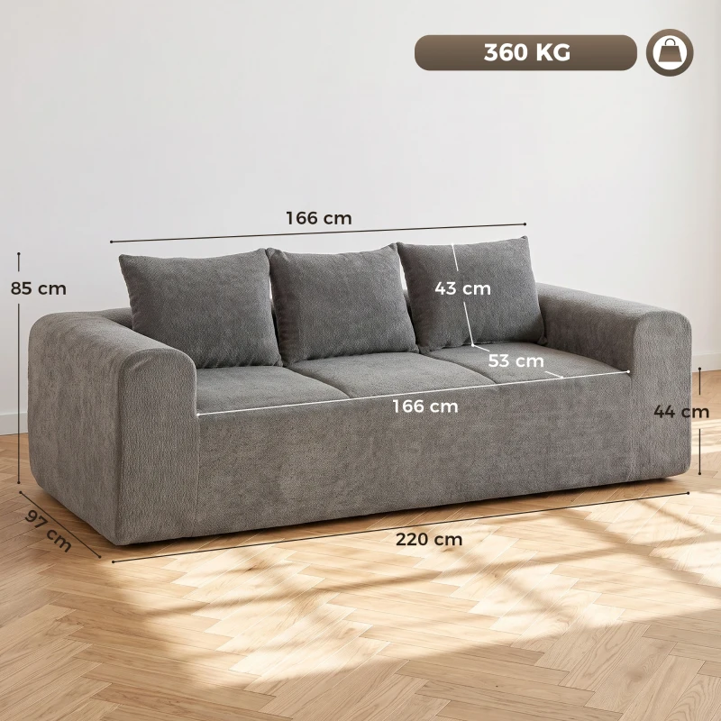 HOMCOM Sofá 3 Lugares em Chenille 220 cm, Sofá de Sala Moderno com Assento e Apoios de Braço Largos, 3 Almofadas, Cinza