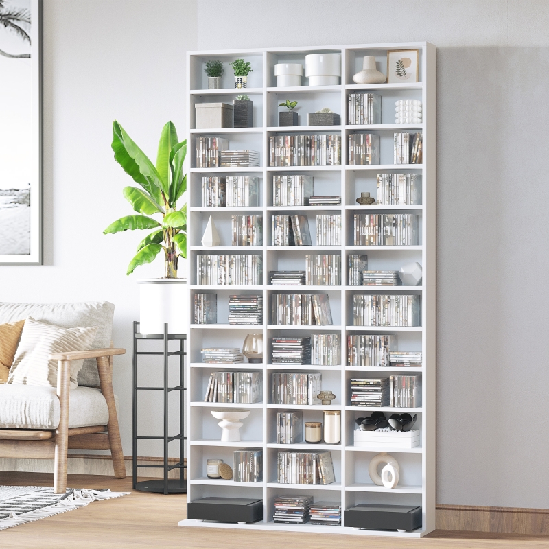 HOMCOM Bibliotecă pentru CD-uri din lemn cu 3 coloane și 12 rafturi reglabile, 102x23,5x195 cm, alb