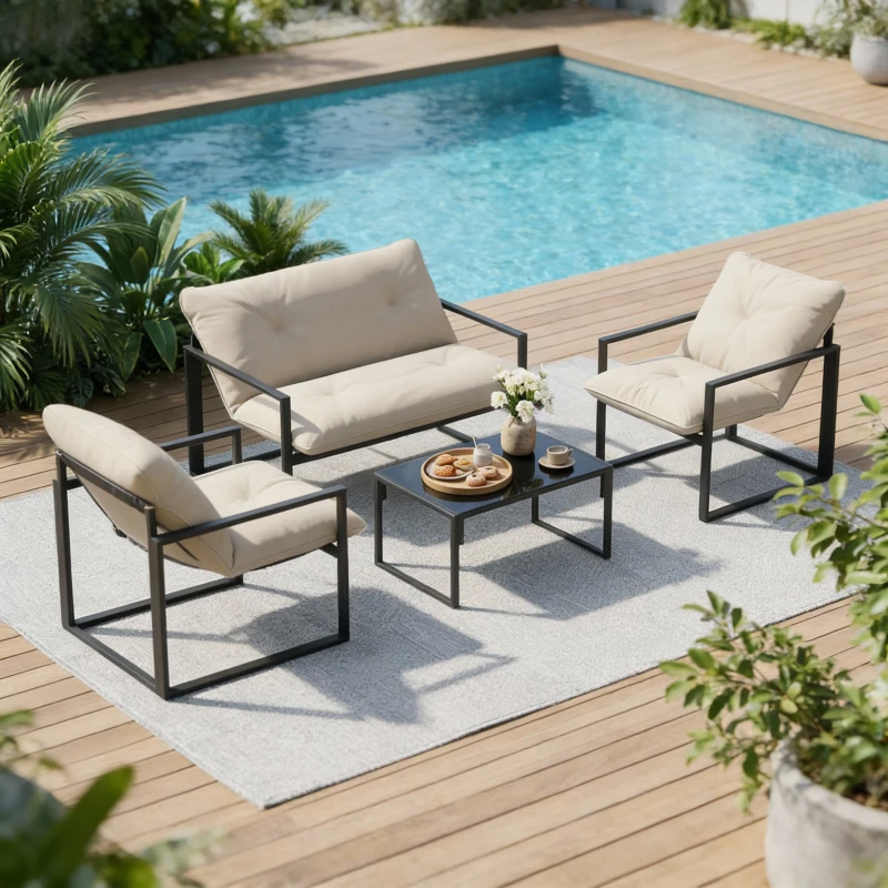 Outsunny Set de Mobilier de Grădină din 4 Piese cu Canapea, 2 Fotolii și Măsuță, din Oțel, Poliester și Bumbac PP, Bej și Gri