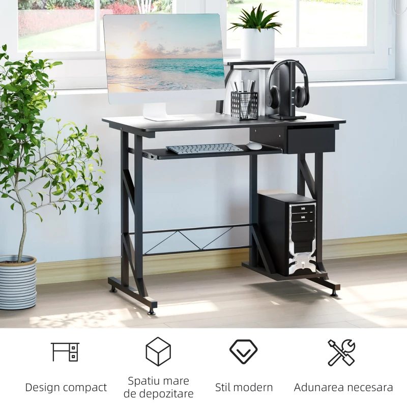 HOMCOM Birou pentru Calculator cu Sertar, Tavă Glisantă pentru Tastatură și Raft, 90x50x100cm, Negru
